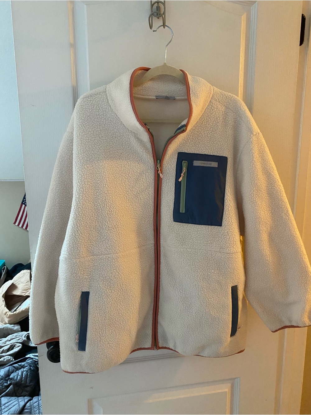 5th & Ocean Cream Sherpa Fleece Jacket with Navy Accents